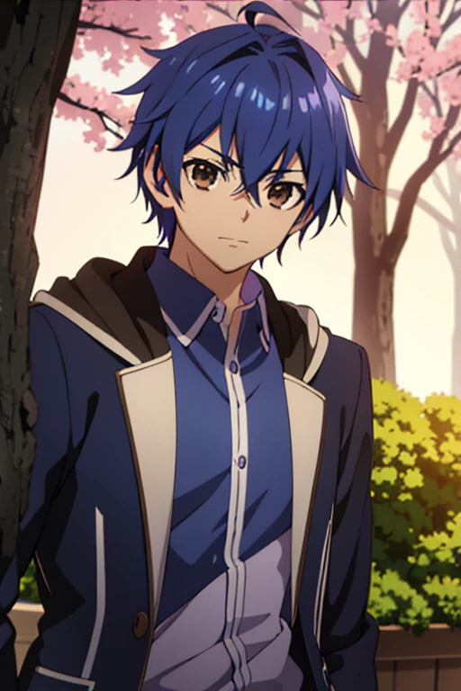  a man in adventurous costume standing in front of a tree, young anime, handsome anime man, inspired by Okumura Masanobu , inspired by Okumura Togyu, okata kazuto, anime boy,  soft anime cg art , Tall blue-haired anime man with brown eyes , Hana Yata, Ikuto Yamashita