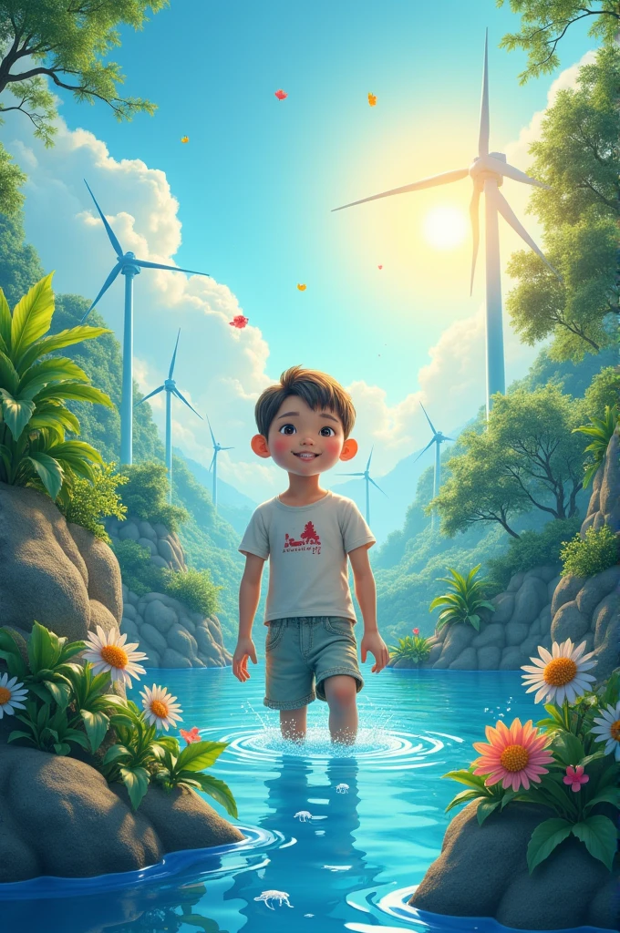 In the rich rice fields of summer,Running little boy,blue color eyes,vividly realistic,With a smile,In his hand is a magic ball of a castle in the water, which is very eye-catching