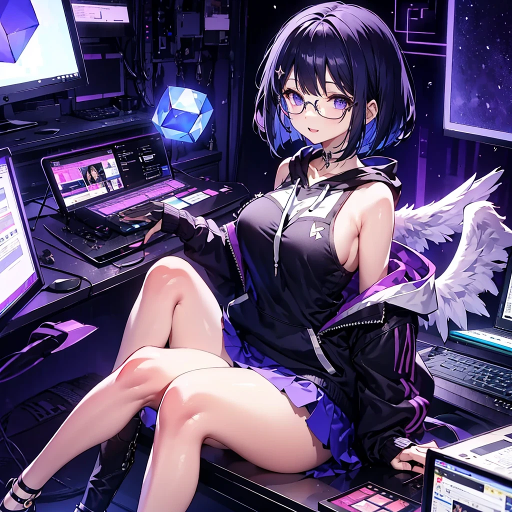 solo1.3、 High Quality、Purple-black bob cut 、 sitting on the purple cube in front of the monitor 、 black hoodie and purple mini skirt 1 .6、I made a silver light cube float on my right hand 1.4、voluptuous、Angel Girl Sandalphone 1 .8、Confident smile without opening her mouth1 .1、black rimmed glasses 1.4、