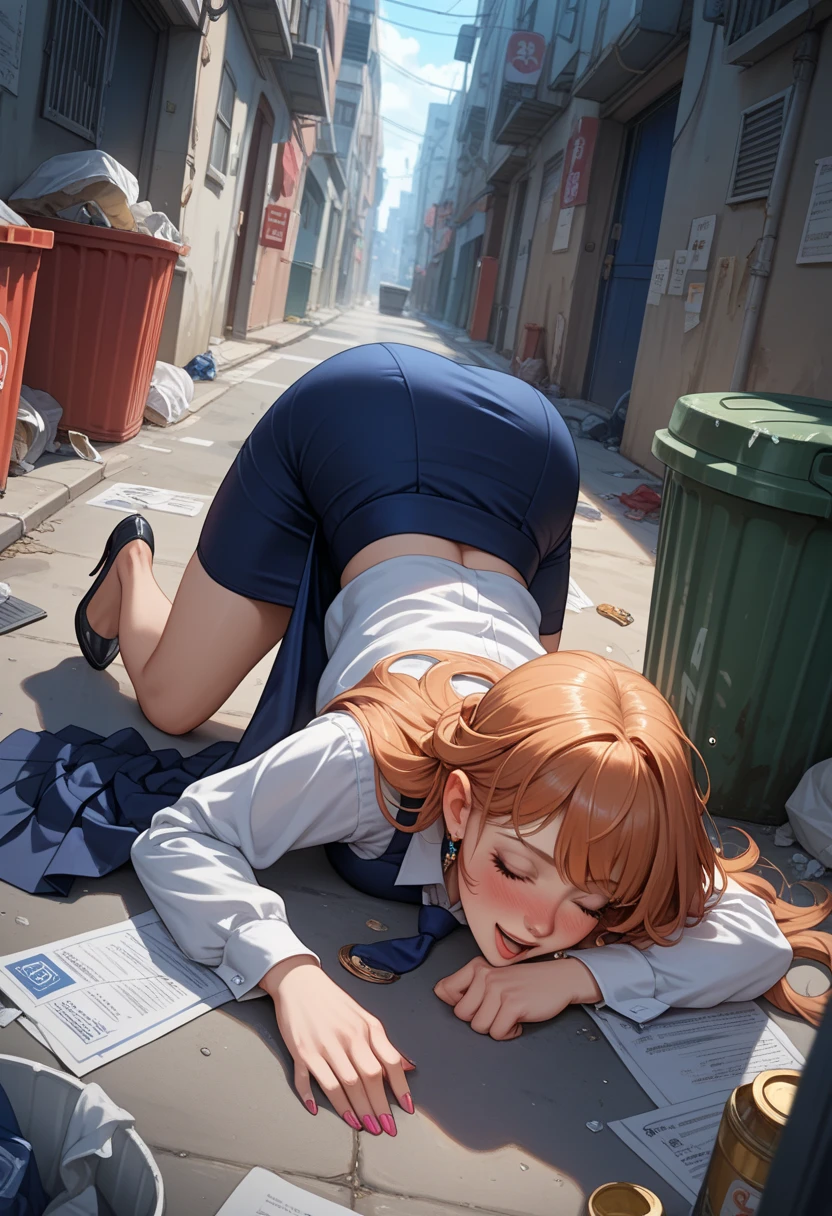 score_9, score_8_up, score_7_up, score_6_up, score_5_up, score_4_up, source_anime, solo focus, office girl, drunk, drunk girl, passed out, fall asleep, garbage, inside trash bin, top-down bottom-up, midnight, night time, dim light, alley, topple over, disheveled clothes, skirt lifted, dramatic angle