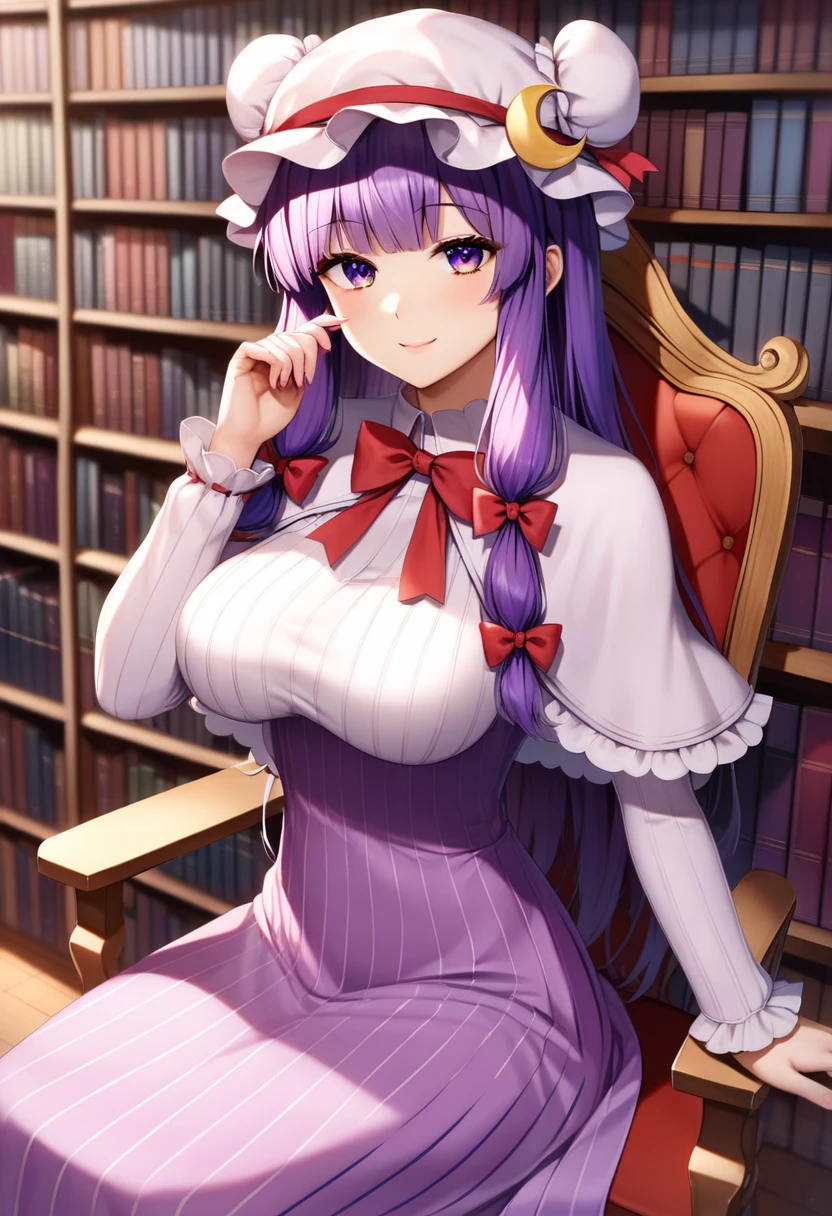 (Masterpiece, Ultra-high resolution, 8k, High Quality, Top quality, High-Detailed, Detailed CG, Cinematic Shadow:0.5, Beautiful Detailed Eyes, Ultra Resolution, Depth of Field, High Resolution, Masterpiece: 1.2), (Anime Art style), (cowboy shot), (library:1.4), 1girl, solo, patchouli knowledge, 1girl, solo, purple hair, purple eyes, long hair, mob cap, crescent hat ornament, mob cap, vertical-striped_dress, ribbons, frills, long_sleeves, red_ribbon, blue_bow, double_bun, red_bow, hat_ribbon, capelet, blue_ribbon, pink_headwear, hair_bow, long_dress, crescent_pin, bun_cover, purple_dress, pink_dress, petite, large breasts, beautiful breasts, smile, sitting, chair,