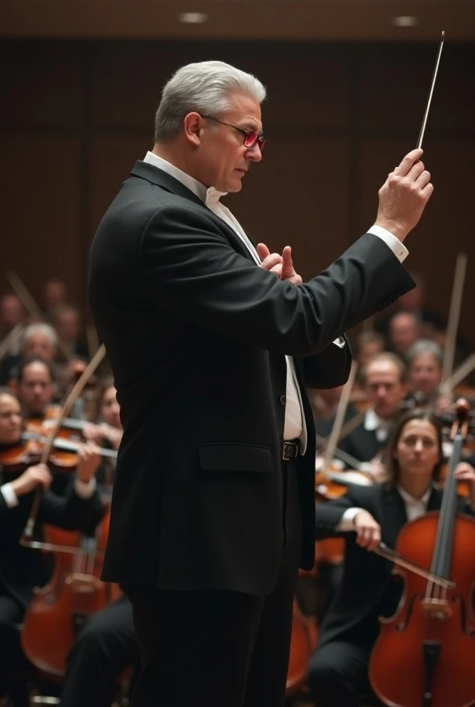 A Russian military conductor proudly conducts a piece of music in front of an orchestra.