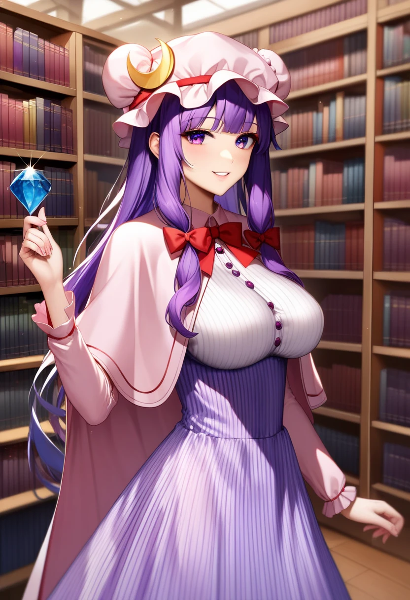 (Masterpiece, Ultra-high resolution, 8k, High Quality, Top quality, High-Detailed, Detailed CG, Cinematic Shadow:0.5, Beautiful Detailed Eyes, Ultra Resolution, Depth of Field, High Resolution, Masterpiece: 1.2), (Anime Art style), (cowboy shot), (library:1.4), 1girl, solo, patchouli knowledge, 1girl, solo, purple hair, purple eyes, long hair, mob cap, crescent hat ornament, mob cap, vertical-striped_dress, ribbons, frills, long_sleeves, red_ribbon, blue_bow, double_bun, red_bow, hat_ribbon, capelet, blue_ribbon, pink_headwear, hair_bow, long_dress, crescent_pin, bun_cover, purple_dress, pink_dress, petite, large breasts, beautiful breasts, smile,