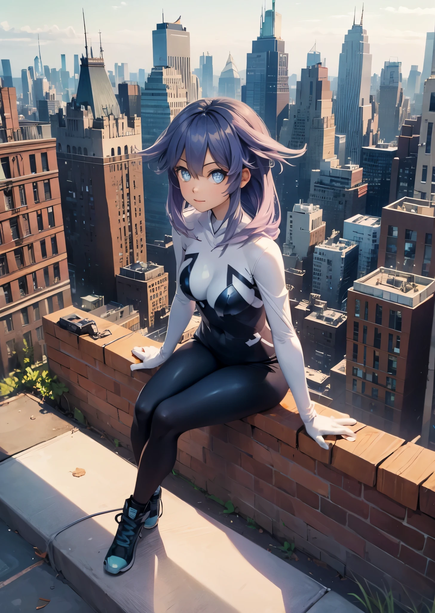 She is on a rooftop looking at a New York cityscape in a very detailed background , Looking into the distance, mischievous look