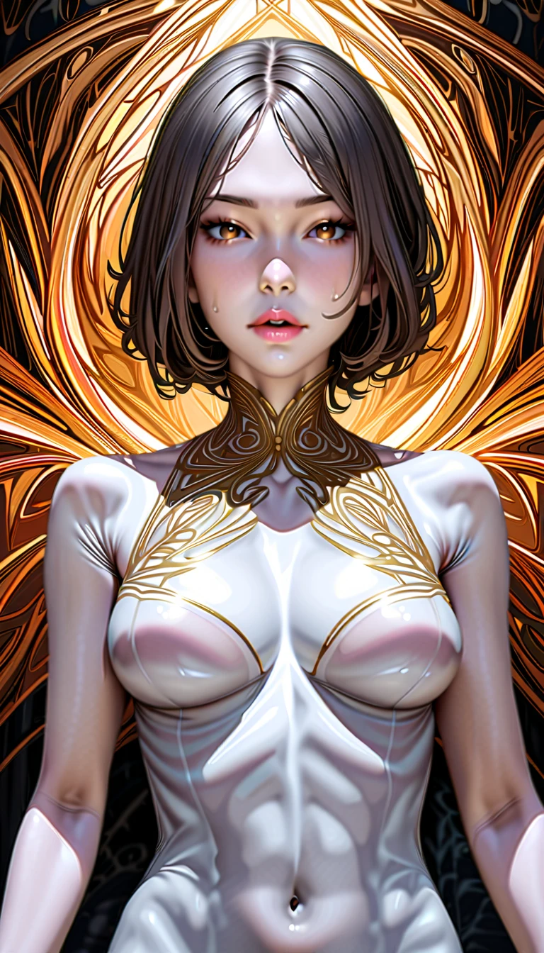 Katsuya Terada style, +Billie Eilish+ in a sexy ripped transparent sweater, big exposed breast, no bra, tights, stockings, panyhoes, curly black hair, yellow iris, black eyeball, erotic gaze, +ripped transparent sweater+