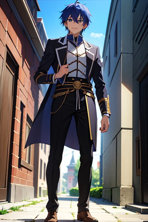 man, adventurer costume with a long sword , standing in front of a building, smiling, young anime, handsome anime man, inspired by Okumura Masanobu , inspired by Okumura Togyu, okata kazuto, anime boy,  soft anime cg art ,  tall anime man with blue hair with brown eyes, Hana Yata, Ikuto Yamashita