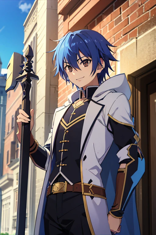 man, adventurer costume with a long sword , standing in front of a building, smiling, young anime, handsome anime man, inspired by Okumura Masanobu , inspired by Okumura Togyu, okata kazuto, anime boy,  soft anime cg art ,  tall anime man with blue hair with brown eyes, Hana Yata, Ikuto Yamashita