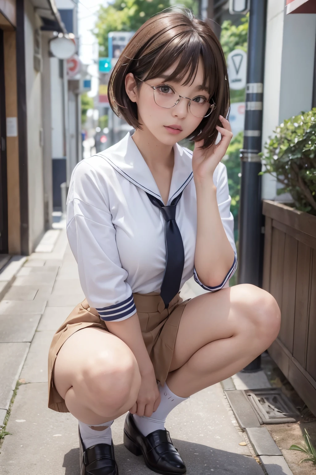 Alone, solo, underwear, photo of a 20 year old woman, hard, cute, panties, elf, cat eye, Japan woman ((kpop idol)), small, flat breasts, round glasses, full body, anger, lace panties, sitting, panty shot, spread legs, skirt, uniform, red panties, socks, black hair, shirt, blur, blurred background, blue shirt, loafers, Realistic, pretty little face, bob cut, brown eyes, black socks, bow tie, pleated skirt, bow, headrest, sideways, outdoor, brown footwear, masterpiece, best quality, super detail,