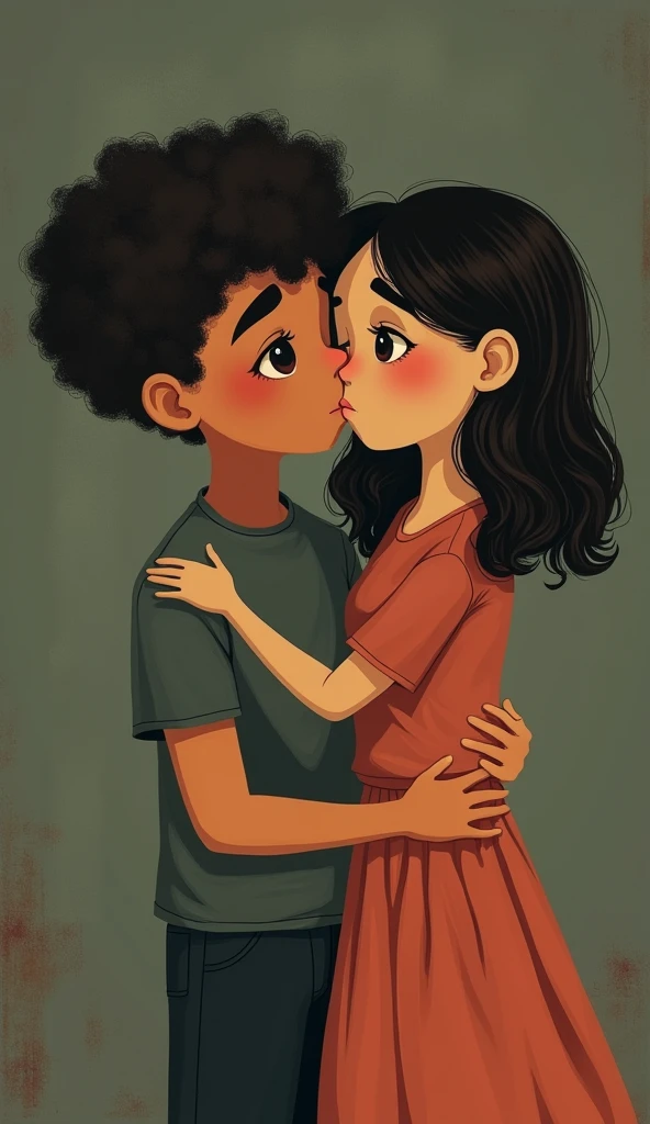 A brown-skinned boy, straight short hair, black loose t-shirt, black pants, white sneakers kissing a white skinned curly boy sitting, in a white t-shirt with beige pants, All star therefore 