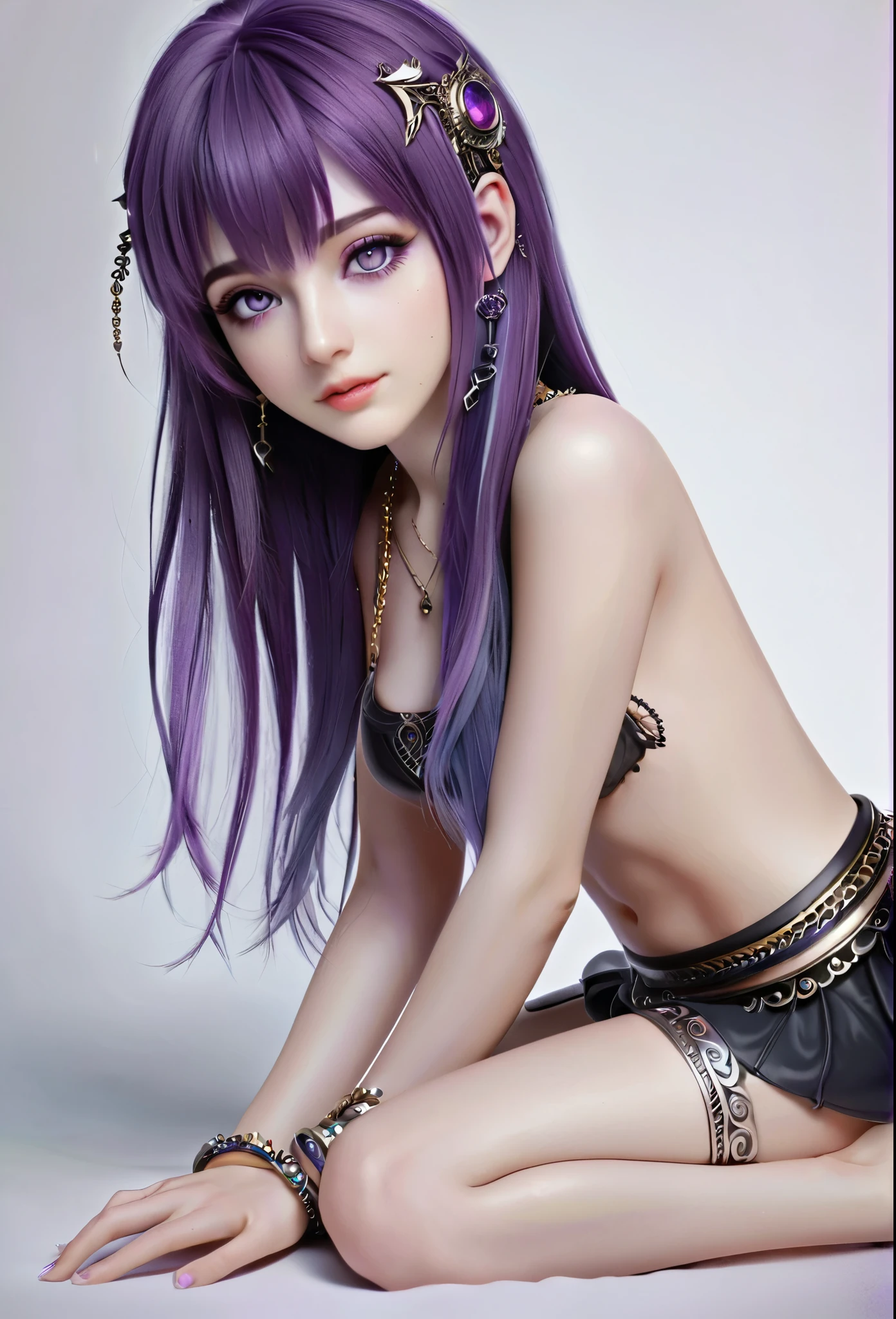 ((purple glasses))(( reflective bra)) imperial green jade sunglasses, wearing a purple outfit and purple sunglasses, ((1 girl))