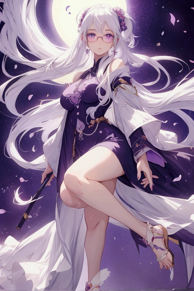 Moon Temple Night Scene – Sacred Temple Shrouded in Mystery
A masterpiece of best quality, this image captures a solitary girl, her long, white hair cascading down her back under the illumination of the moonlight. Her hair, a dramatic contrast against the pale skin of her immaculate face, adorned with a subtle shade of purple eyes that seem to glow as if they were a part of the night sky itself.
Although she possesses a normal chest, she embodies a heavenly beauty, with dragon pupils that sparkle like the stars above and a serene expression etched upon her beautiful Asian face. She wears a black, elegant kimono