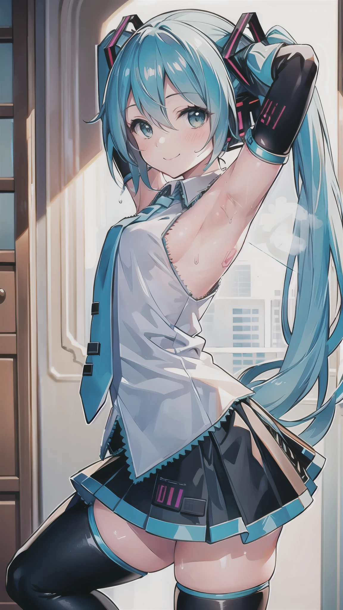 (best quality, masterpiece, high resolution, ultra detailed, illustration, detailed skin, intricate eyes, perfect anatomy, detailed face:1.2), (solo, hatsune miku:1.5), (pretty face, short stature), BREAK (smile, blush, sweat:1.5), (in house, from side, arms behind head, leaning forward:1.8) BREAK (solid white blouse with blue edge, solid white sleeveless clothe with blue edge, solid white collar), BREAK (black independent sleeves, black detached sleeves:1.3) BREAK (black pleated skirt, skirt hem blue), BREAK (black thighhigh boots:1.2), BREAK (flat chest:1.2), (thick thighs, detailed armpits:1.8)