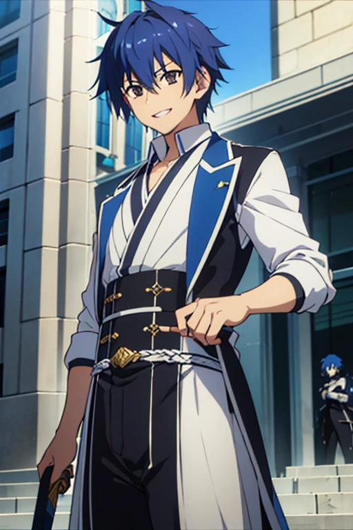 man,  blue and white adventurer costume, with a long sword , standing in front of a building, smiling kindly , young anime, handsome anime man, inspired by Okumura Masanobu , inspired by Okumura Togyu, okata kazuto, anime boy,  soft anime cg art ,  tall anime man with blue hair with brown eyes, Hana Yata, Ikuto Yamashita