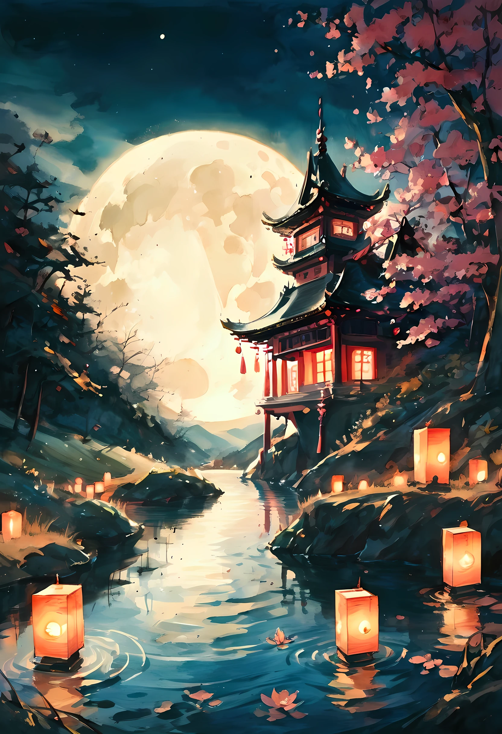 score_9, score_8_up, score_7 ((black and white water color art: 1.5)) there is a river in the night there are floating lanterns, orange-pink lanterns, in its water, the moon is in the sky, reflected in the river, there is Japanese castle near the river1there is a river in the night there are floating lanterns, lanterns in many colors, in its water, the moon is in the sky, reflected in the river, there is Japanese castle near the river, traditional watercolor painting