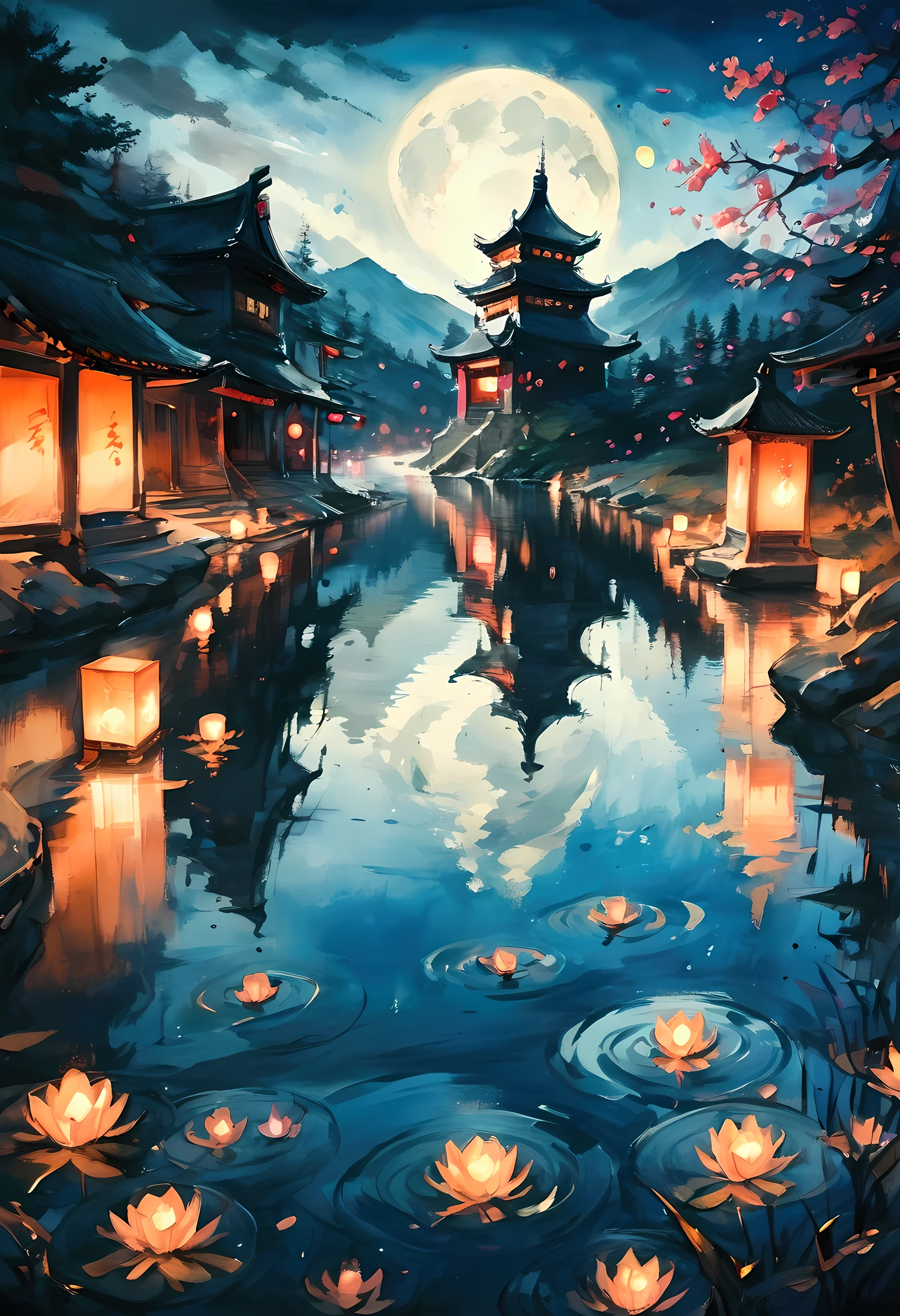score_9, score_8_up, score_7 ((black and white water color art: 1.5)) there is a river in the night there are floating lanterns, orange-pink lanterns, in its water, the moon is in the sky, reflected in the river, there is Japanese castle near the river1there is a river in the night there are floating lanterns, lanterns in many colors, in its water, the moon is in the sky, reflected in the river, there is Japanese castle near the river, traditional watercolor painting