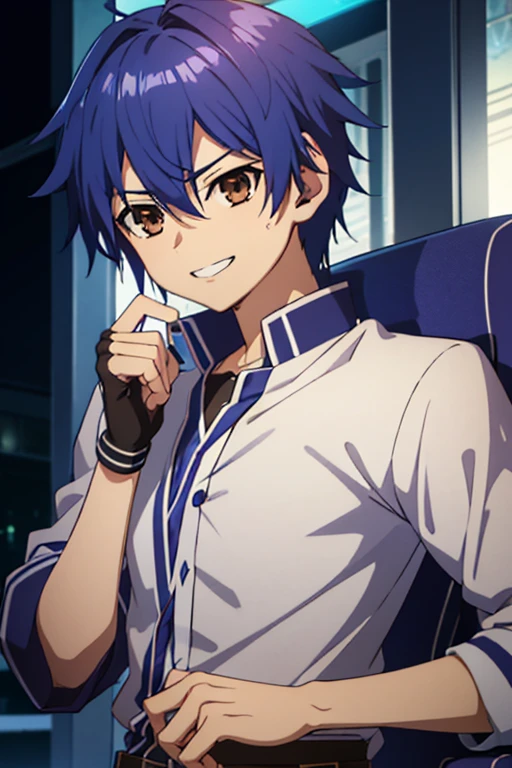 man, smiling kindly , young anime, handsome anime man, inspired by Okumura Masanobu , inspired by Okumura Togyu, okata kazuto, anime boy,  soft anime cg art ,  tall anime man with blue hair with brown eyes, Hana Yata, Ikuto Yamashita