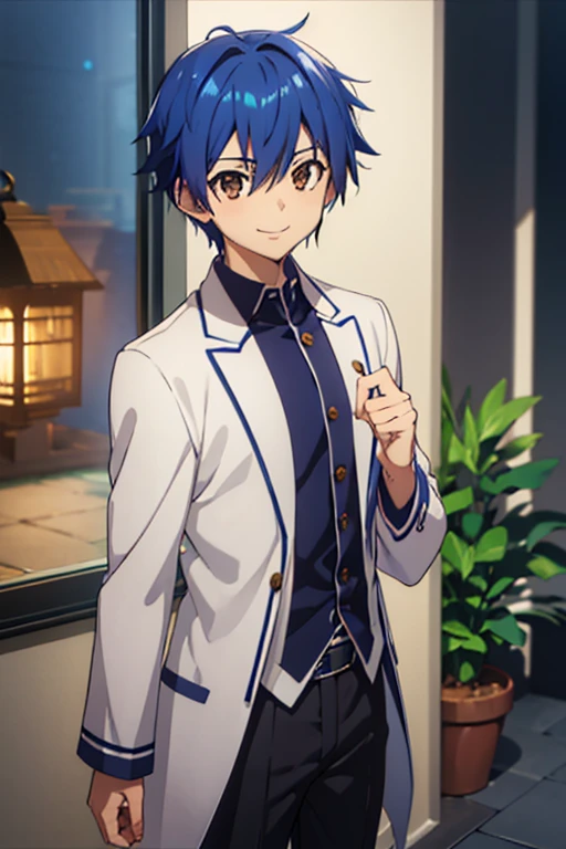 man, smiling kindly , young anime, handsome anime man, inspired by Okumura Masanobu , inspired by Okumura Togyu, okata kazuto, anime boy,  soft anime cg art ,  tall anime man with blue hair with brown eyes, Hana Yata, Ikuto Yamashita