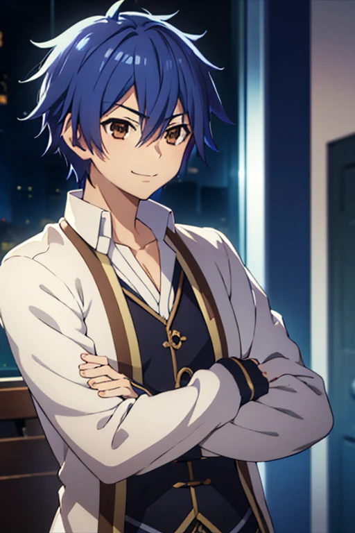 man, smiling kindly , young anime, handsome anime man, inspired by Okumura Masanobu , inspired by Okumura Togyu, okata kazuto, anime boy,  soft anime cg art ,  tall anime man with blue hair with brown eyes, Hana Yata, Ikuto Yamashita