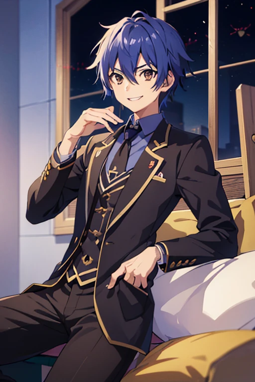 man, smiling kindly , young anime, handsome anime man, inspired by Okumura Masanobu , inspired by Okumura Togyu, okata kazuto, anime boy,  soft anime cg art ,  tall anime man with blue hair with brown eyes, Hana Yata, Ikuto Yamashita