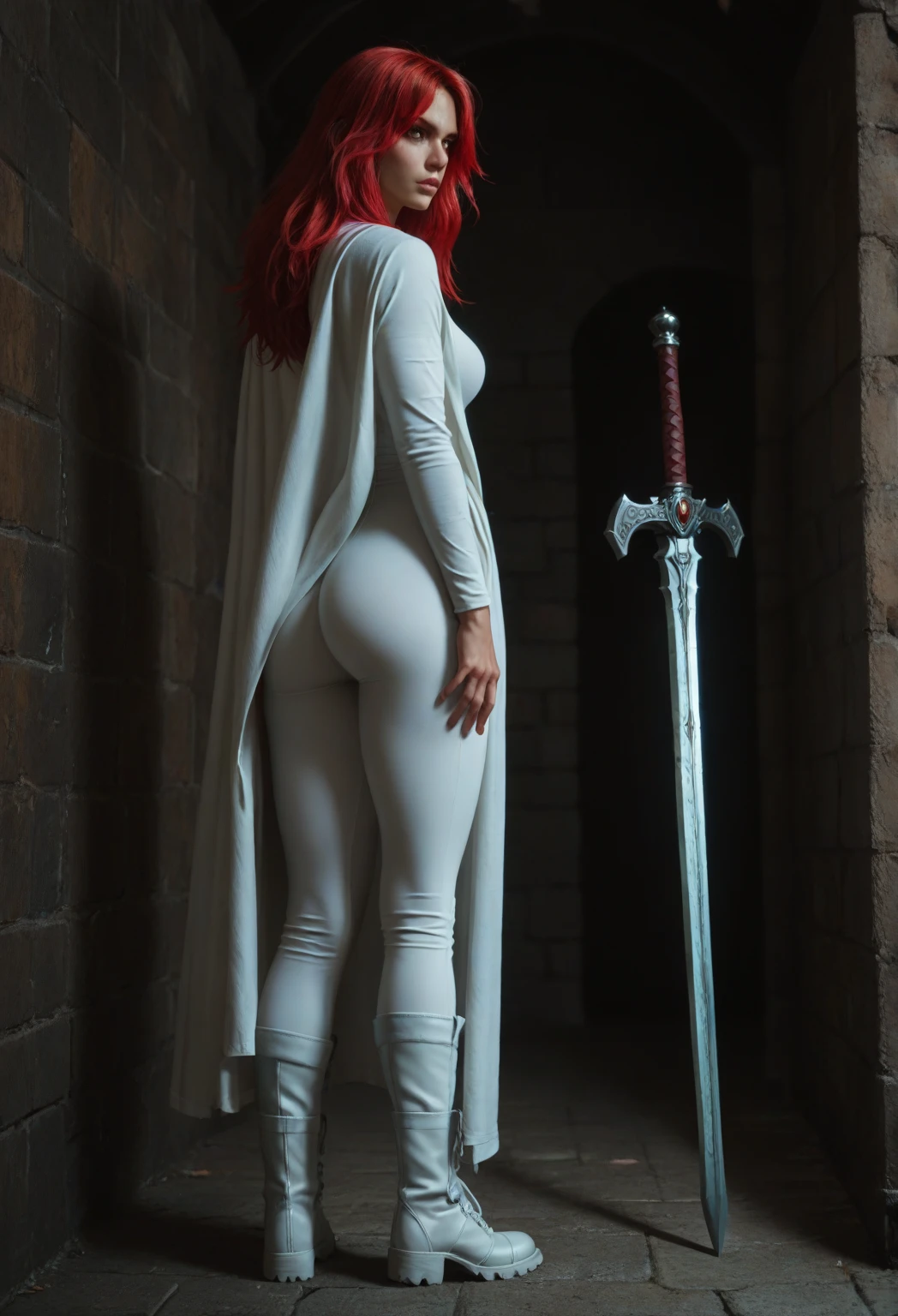 
a human woman of about 23 years of age with face resembling Motoko Kusanagi with long loose red hair in a spiky free mane and green eyes wearing a tight white shirt and a tight white trousers and white boots and white cloak, with a greatsword at her back, medium ass and biggish breasts, in a dungeon, full body in frame, kissed by an orc, nsfw