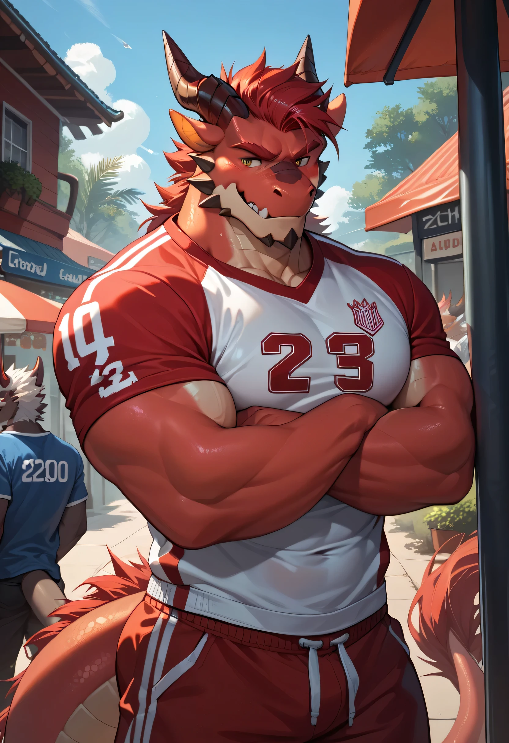 furry, furry Male, Male Focus, Tail, 1 Boy (: 2.1), Dragon, Hairy Dragon, Man, Muscular, Red Hair, Dragon Horns, Jersey, Muscular Adult Male, Smooth (: 1.5), Contemptuous Staring (: 1.6)