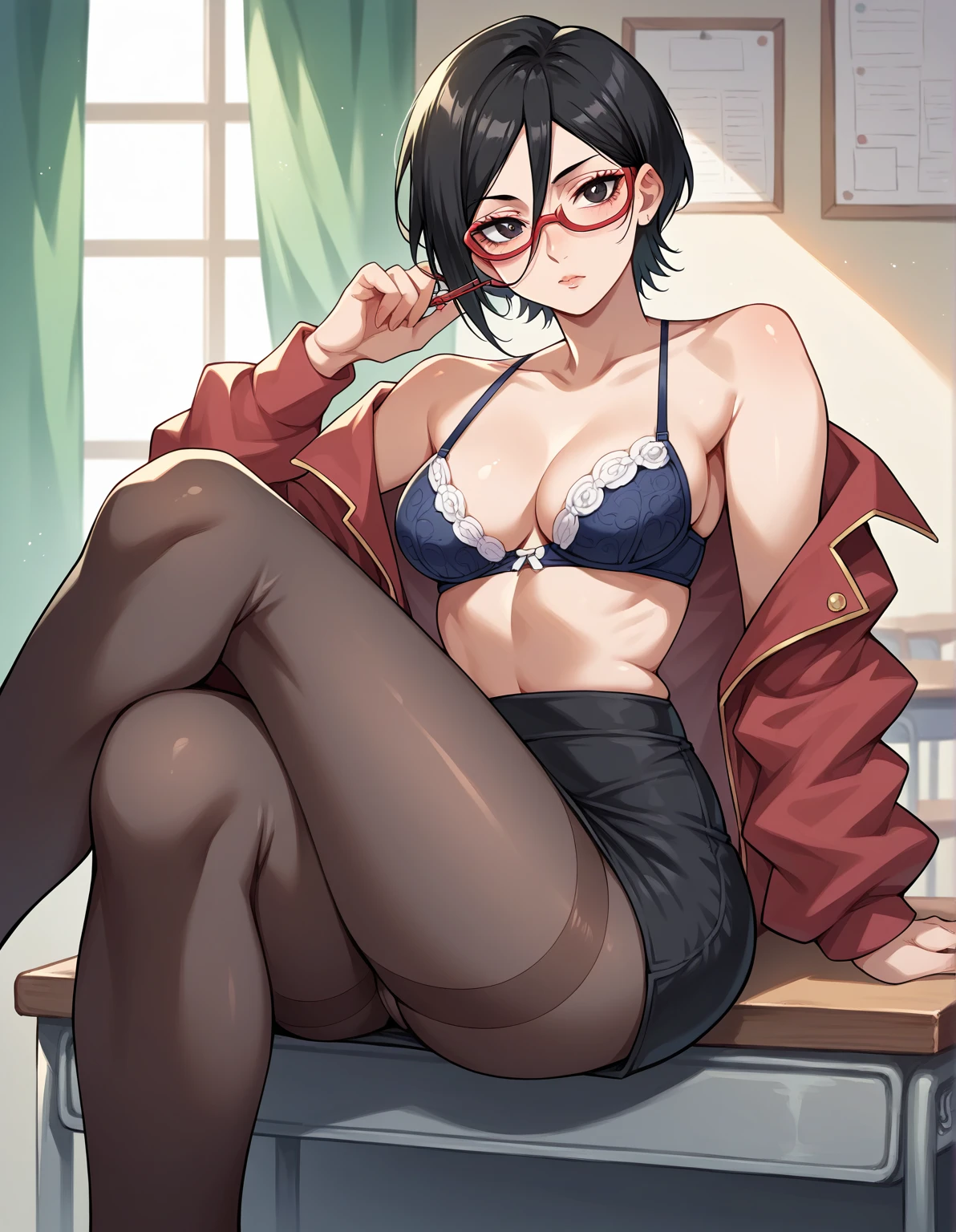 Masterpiece,Solo,1girl,Sarada Uchiha,(Boruto),Medium Breasts,Perfect Body,Sexy Body Hot,High Quality,High Resolution,Photograph 16K,Short Hair,Black Hair,Glasses,MistressUltra Detailed,Beautiful,Beautiful Girl,Mini Bra And Panties, pantyhose, sitting on desk, crossed legs