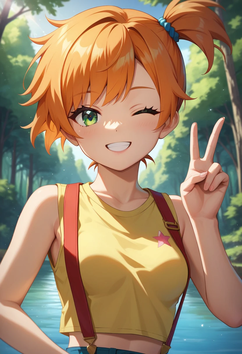 (master piece), (best quality), (8k), (ultra high resolution), (highest quality), (anime style), (best writing), (beautiful face), (masterpiece), (highest quality), (detailed beautiful face and eyes), (textile shading), (upper body), (forest), 1girl, solo, 1girl, Mit, green eyes, orange hair, bangs, side ponytail, hair tie, short hair, yellow shirt, sleeveless, midriff, red suspenders, blue shorts, red sneakers, small breasts, beautiful breasts, smile, one eye closed, peace,