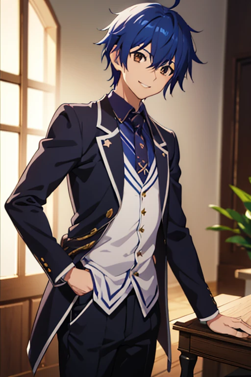 man, smiling kindly , young anime, handsome anime man, inspired by Okumura Masanobu , inspired by Okumura Togyu, okata kazuto, anime boy,  soft anime cg art ,  tall anime man with blue hair with brown eyes, Hana Yata, Ikuto Yamashita