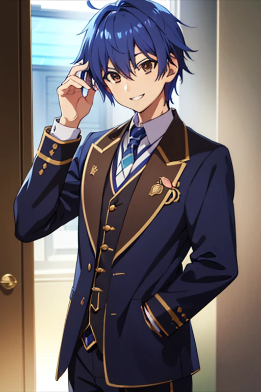 man, smiling kindly , young anime, handsome anime man, inspired by Okumura Masanobu , inspired by Okumura Togyu, okata kazuto, anime boy,  soft anime cg art ,  tall anime man with blue hair with brown eyes, Hana Yata, Ikuto Yamashita