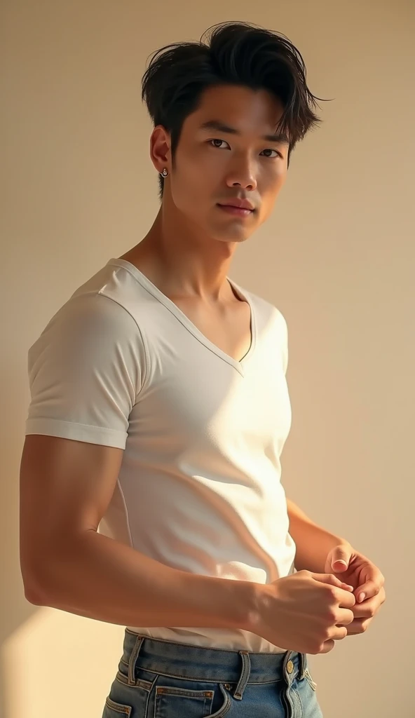 single: 1.5, (ที่TRUEแล้ว, Masterpiece, 8k HD, good light quality, sportswear, to fit the face, complicated details), A handsome Korean man with muscular arms.. , 20 years old, be happy, smile brightly, detailed face, delicate eyes, look at the sky, Wear a tight white t-shirt.:1.6 ., black eyes, Black hair color, ผมsmooth, smooth,SurTRUE,Excellent details,Highest quality,TRUE,Open your mouth to talk.. , Close your eyes.., (standing in the bathroom:1.5)