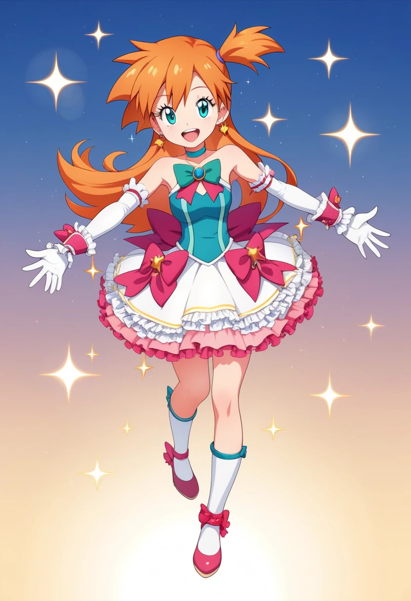 score_9, score_8_up, score_7_up, 1girl, solo, misty \(pokemon\), orange hair, long hair, hair ornament, hair ribbon, aqua eyes, looking at viewer, happy, arm warmers, bow, brooch, choker, dress, earrings, eyelashes, frills, gloves, gradient, gradient background, heart earrings, jewelry, magical girl, open mouth, ribbon, sparkle, star \(sky\), wrist cuffs, full body, lens flare, sparkle, standing, sun