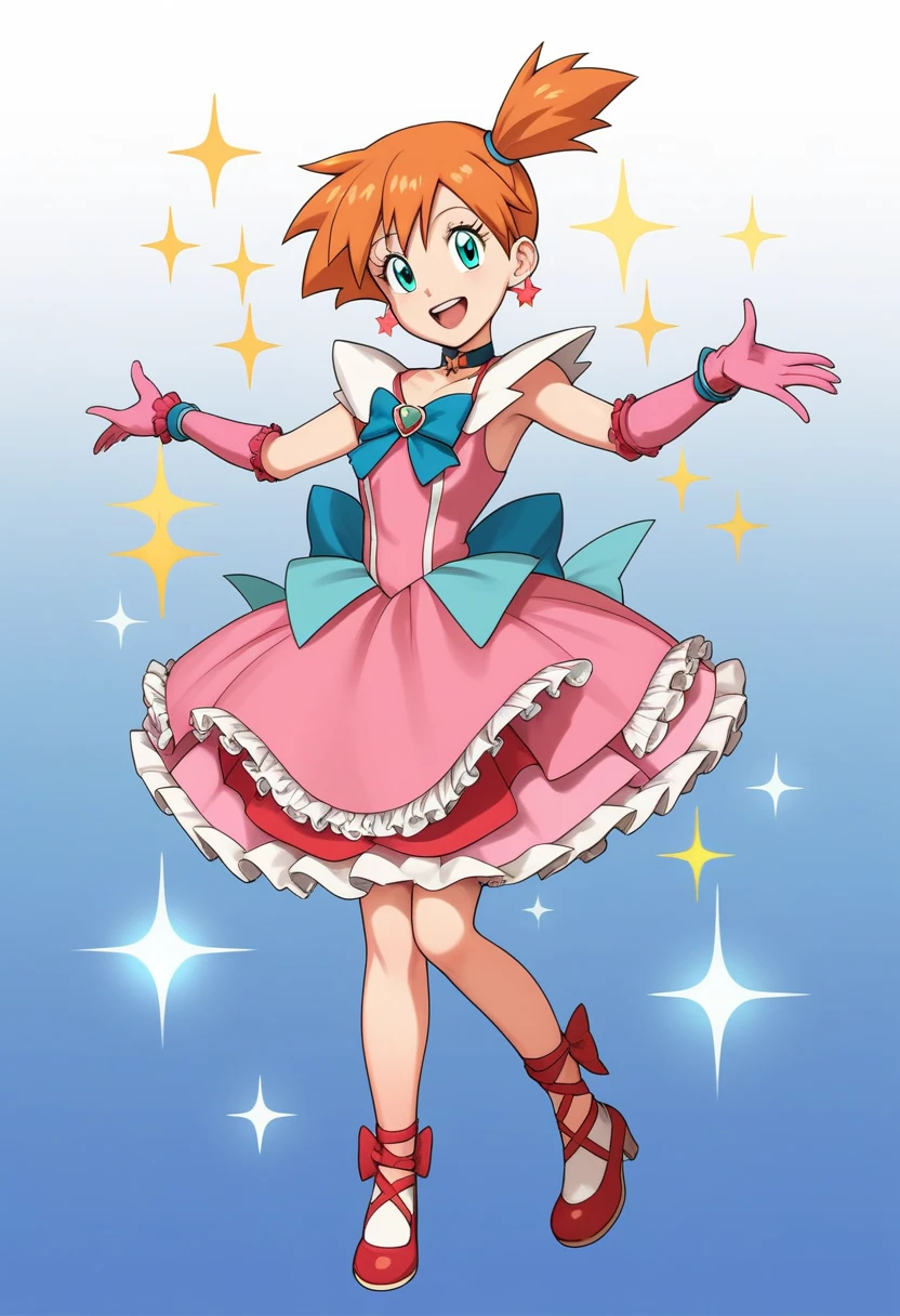 score_9, score_8_up, score_7_up, 1girl, solo, misty \(pokemon\), orange hair, long hair, hair ornament, hair ribbon, aqua eyes, looking at viewer, happy, arm warmers, bow, brooch, choker, dress, earrings, eyelashes, frills, gloves, gradient, gradient background, heart earrings, jewelry, magical girl, open mouth, ribbon, sparkle, star \(sky\), wrist cuffs, full body, lens flare, sparkle, standing, sun