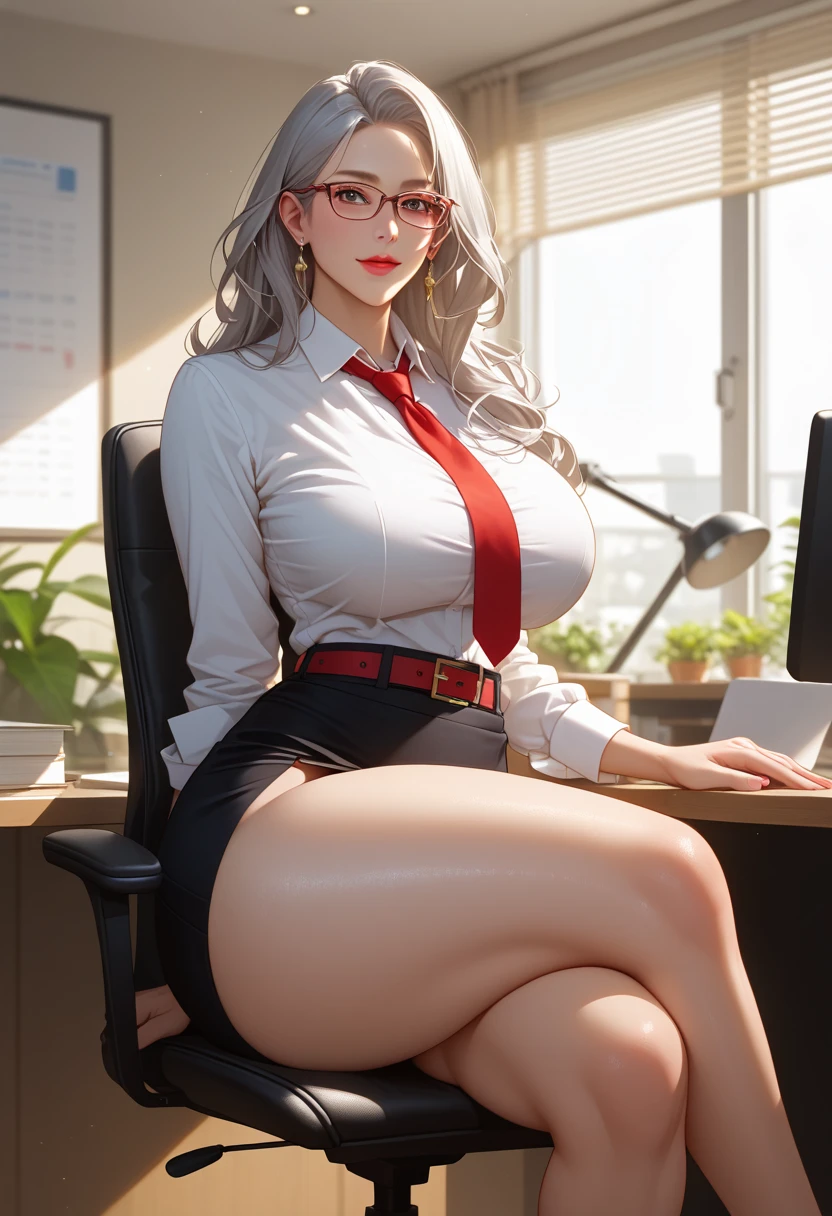 (8k,  of the highest quality , masterpiece: 1.2), ultra detail,  of the highest quality ,  ultra high resolution,  professional lighting ,  photon mapping , radiosity, Physically Based Rendering,  depth of field , focusing, sun rays, good composition, (bokeh effect: 1.2),  a beautiful mature goddess , milf, sexy mature secretary ,  white blouse, neckline, black mini skirt, red belt, skirt with side slit , meia Sensual, Half a garter belt , glasses, expressão Sensual, long silver hair, loose hair, Sensualidade, black gaterbelt , Half a garter belt  preta, detailed, ((masterpiece)), super detail, Highres masterpiece , ((( best quality ))), hyperrealism, sitting, legs crossed, ( thick thighs : 2.0)  Office chair ,  looking at the observer,  huge and wet breasts ,  breasts larger than the trunk, extremely well endowed, giant fake tits , (( seen from the bottom)), focus on the thighs, hyperrealism, Sensual,  inside the office