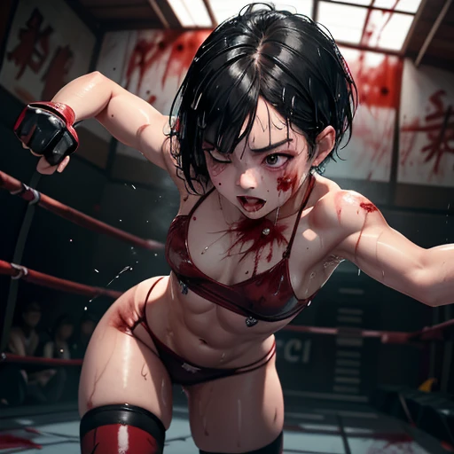 a (bloody) cute Japanese high school student girl fighter is fighting in the octagon fighting ring of underground arena with audience. She is standing in a (((fighting pose))). she is ready to fight again. She is glaring at the opponent with an upward glance. She has a strong fighting spirit. she is beaten. her body and face are covered in (((blood))) and (((bruises))) , her face is distorted and bloodied by opponent's attack. she is damaged terribly. (((Short-cut black hair))), out of breath, drooling from mouth, one eye is closed, exhausted, (((drenched in sweat))). Mother's milk gushes from her erect, pink nipples. open finger glove. top half naked, high-leg panty, stockings, and arm-covers, Whittled waistline, muscular, sixpack abs, (((small breasts)))