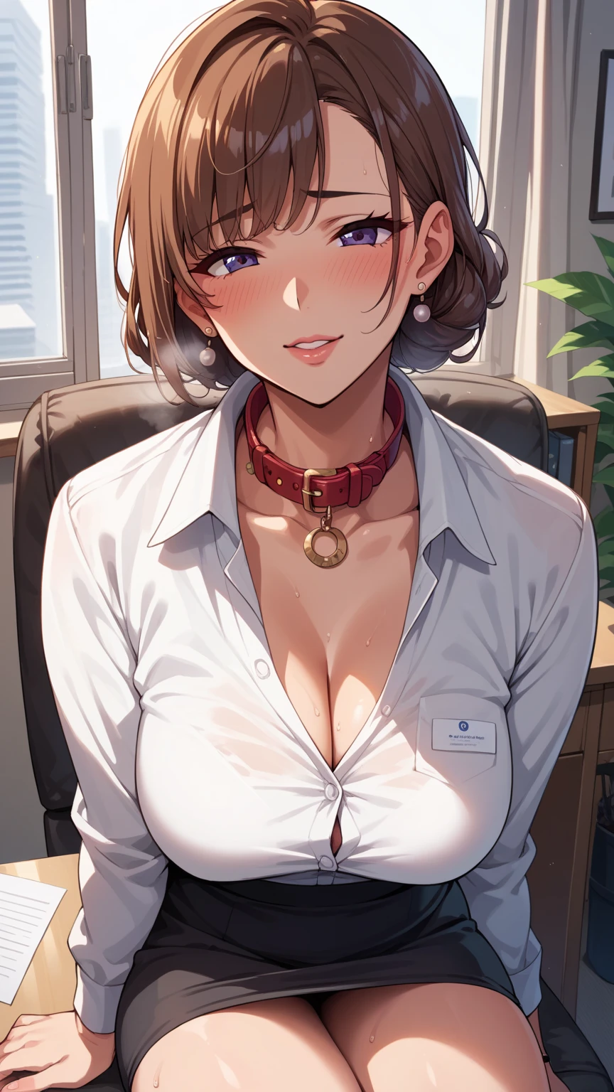 {Takeda Hiromitsu}, Score_9, Score_8_up, Score_7_up, Score_6_up, Score_5_up, Score_4_up, Source_anime, Tag1, Tag2, Quality_masterpiece, Anatomically correct, Beautiful face, Perfect face, Highly detailed beautiful face and eyes, Attractive face, Detailed face, Delicate facial features, Detailed skin, mature female, office lady, skirt, slender body, pet collar, , blushing, breath