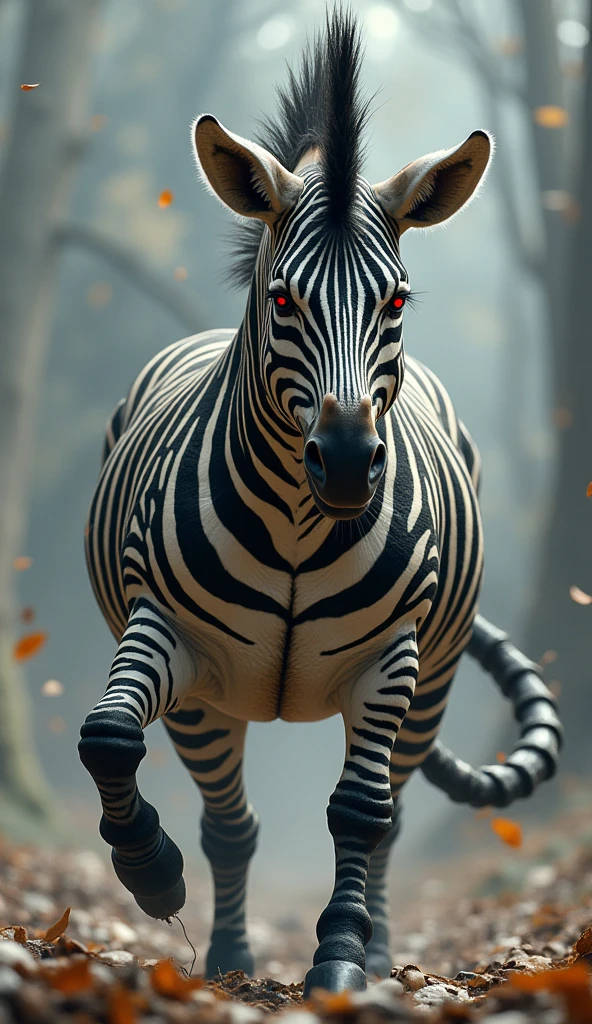 A zebra mohawk-scorpion hybrid with the sturdy, striped body of a zebra, but a massive scorpion’s tail that flicks with dangerous precision. The mohawk on its head is made of jagged, black and white stripes, and its glowing red eyes reveal the creature’s volatile nature as it prepares to strike