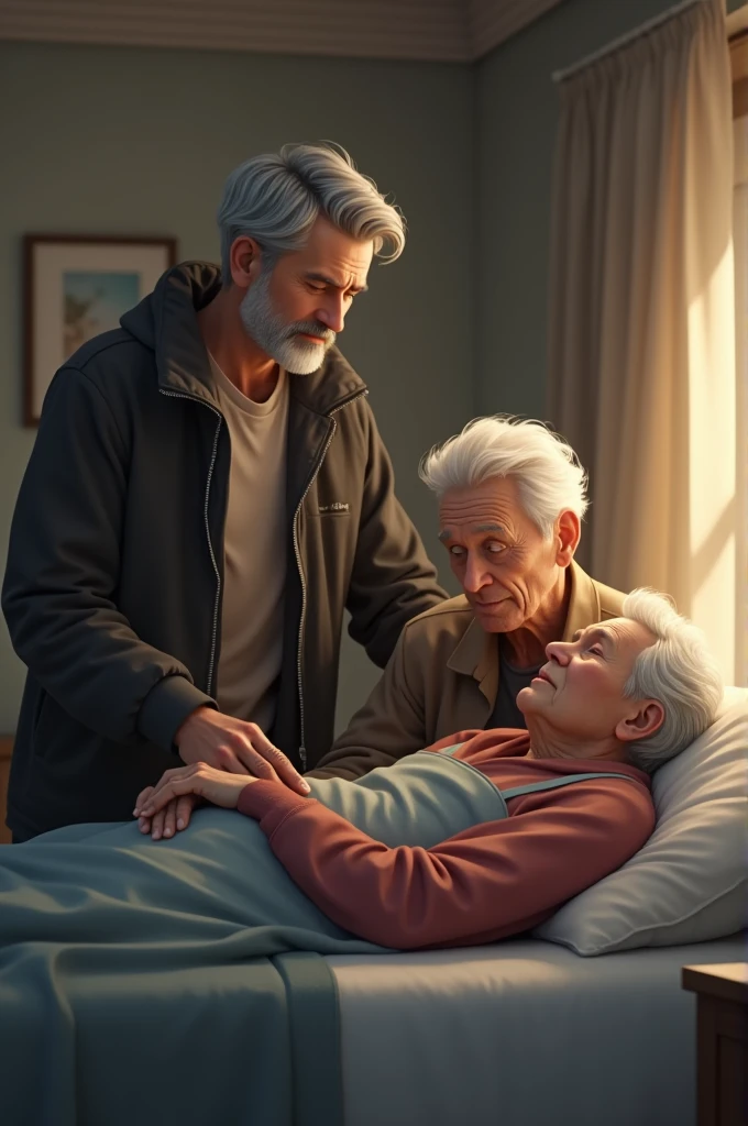 wise and rich elderly sick man lies in bed, there is a son nearby