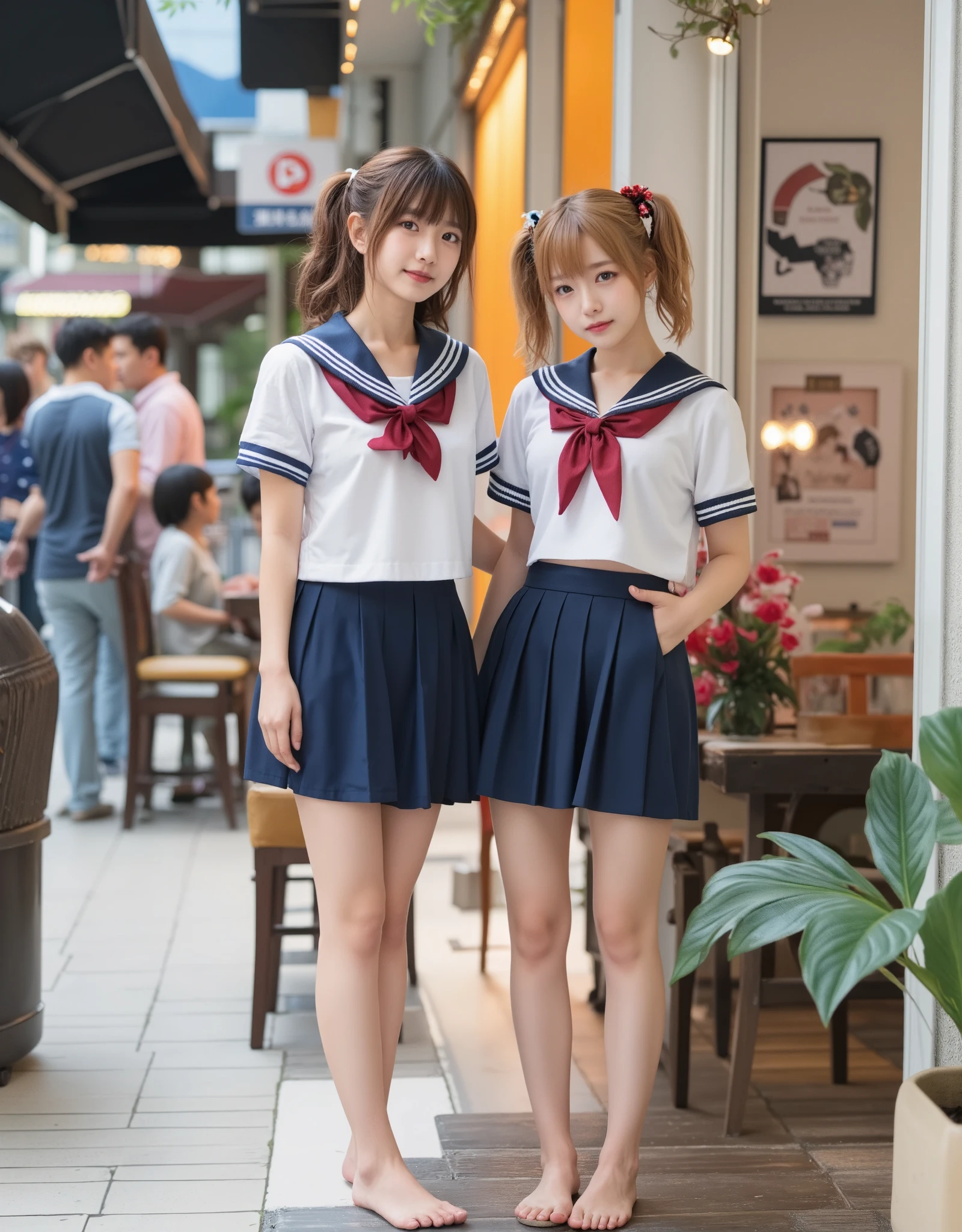 (( 2 women:1.8)), Gal, (Two high school students), (  shopping mall standing in a cafe ,  Outdoor Shopping Street), ( full body portrait ,   Please take a picture of your whole body ,  is standing,  takes a sexy pose ), (Tall,  thin thighs,  small butt), ((  Highly Detailed Skins ),  Beautiful Realistic Cute Faces ,  white skin, Pointed Chest, perfect anatomy,   Real Eyes ,  Brown Eyes , Accurate limbs), ( surrealism, Ultra-realistic, 16k,  Attention to Details ,  super high definition, Best Quality), (Big Breasts:1.5),  clevis:1.5, ( blonde long hair:1.5, Wavy long hair:1.5,  curly hair:1.5), ( smooth bangs to accentuate tits), (Twin tail hair), (( White Collar Cropped Shirts ,  pleated mini skirt that women are resisting, Red ribbon tie)), uniformを着た女子高生,  Surreal かわいい高校生, Tall, uniformを着た女子高生, smile, Chest enhancement, ( is standingTwo high school students:1.8),
 absurd,  RAW Photos,  extremely delicate and beautiful, masterpiece, Best Quality,   super high definition , 32K,  Surreal , Super detailed, perfect anatomy, Super detailed skins,   perfect figure ,  super beauty,  perfect style ,  perfect balance , Beautiful lighting,  perfect lightening ,   Real Shadow, 20 years old, Gentle Facial Features , 2 Japanese Idol Women ,  highly detailed eyes and face , Realistic Face Proportions, Realistic and beautiful faces,  Realistic Beautiful Eyes ,  Invalid, full_body_shot, indoor, School_uniform,  short skirt, barefoot,