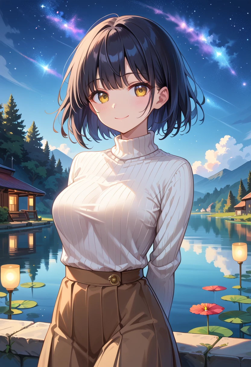 Highest quality, Highest Resolution, Super detailed,１People Girls, Inside the palace,Big Breasts, Rural landscape,A starry sky,full moon,Short Hair,Glasses,smile,Sparkling,Exciting