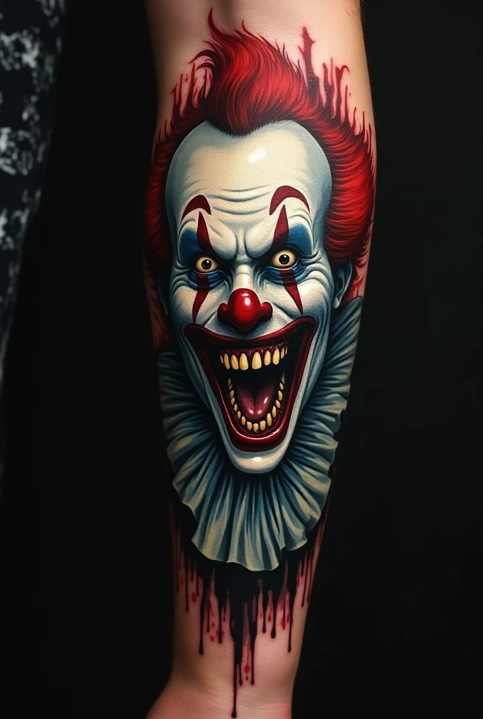 Tattoo of a smiling evil clown with half of his face melted
