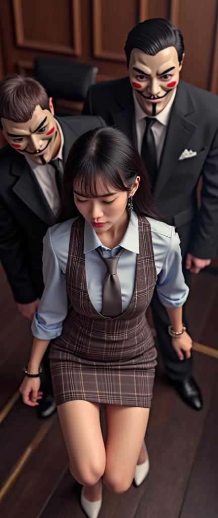 (32K:1.9, Horror depictions:1.9, top quality, masterpiece,  super high definition ), perfect dynamic composition:1.3, Highly Detailed Skin and Face Textures:1.3, train, ( indivual:1.5, Professional High Angle Camera Work:1.3,  Cinema Lighting:1.3), ((sexy, Slender and Tall Japanese Female Office Worker:1.0, Big Breasts, white skin, sense of cleanliness:1.0)), (white shirt, navy blue vest, Silver tie, dark blue tight skirt, stockings, white high heels), ((embarrassing:1.3, embarrassingの表現:1.3, embarrassingの表情:1.3,   Cute Small Office Bag and Big Pink Bag :1.4,)), ((4 men in black hoodies :1.5,  They Touch Her Breasts and Hands :1.5)), (beautiful Blue Eyes, beautiful, Clear Eyes:1.0, sexy Face:1.0, beautifulエロティシズムを醸し出す雰囲気:1.4), (( full body shot , overly sensual)), romantic,  artistic, mysterious, earrings, bracelets for men, The object of admiration, original, dramatic, Innovative, charm, Heartful, nice, , sense of loss, special, (((Exciting, Extreme,  sense of openness ))), ((若さのcharm, 女性的なcharm))