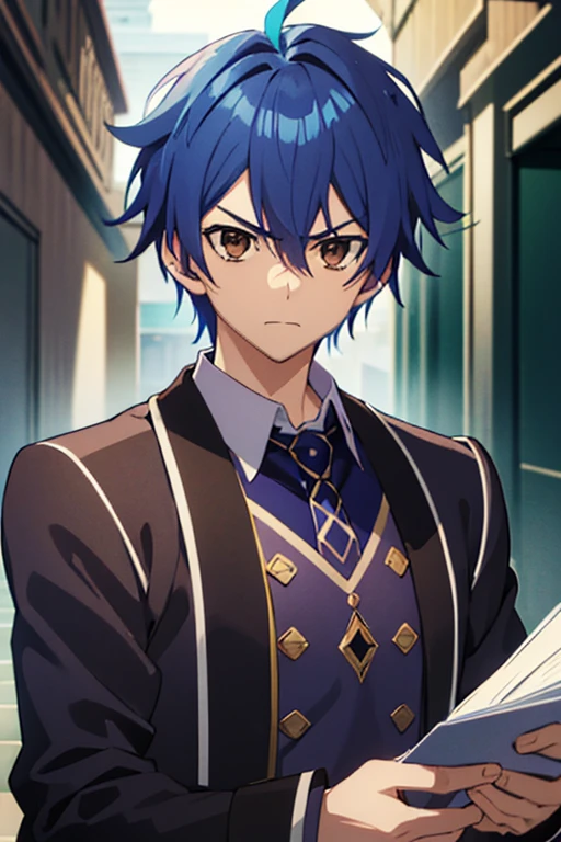 man, angry face, blowing eyes, young anime, handsome anime man, inspired by Okumura Masanobu, inspired by Okumura Togyu, Okata Kazuto, anime boy, soft anime cg art, tall blue haired anime man with brown eyes, hana yata, ikuto yamashita