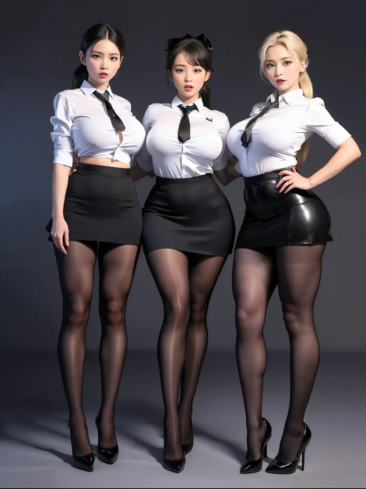 great quality, 16k, Hi-Res, (Composition away from the subject), (顔から足首までの full body photo), ( perfect anatomy:1.4), 3 women, 24 years old, Beautiful secretary wears tight, mini length OL uniform, (Full body shot of 3 women wearing white shirts with black bows, black tight miniskirt, and unpatterned black pantyhose),(8k), (Best Quality: 1.2), very detailed, Golden Ratio, (Big Tits), huge breasts, cleavage, ( full body photo), Athletic physique, (Super cute face), Blonde, Full body shot of 3 women wearing long hair , Looking down here, Standing in the center of the studio, perfect face, Perfect Legs, Perfect Arms, Perfect hands, (Black tights with uniform, glossy fabric ), High Heel High Heel Pumps , (Stand with your feet shoulder-width apart), Simple uniform with shirt and miniskirt , (Very wide thighs:1.2), (Very long legs:1.2), ( Tight and short miniskirt is matte black and very short ), (Seamless black tights with an oily shine), (Plump legs), ( she always wears black tights .), thin waist, ( Mini Skirt Very Short :1.6), (Wide thighs and long legs :1.6), ( Long Legs Fully Wore Black Pantyhose), (High Heeled High Heel Pumps ), ( woman definitely wore black pantyhose :1.2),