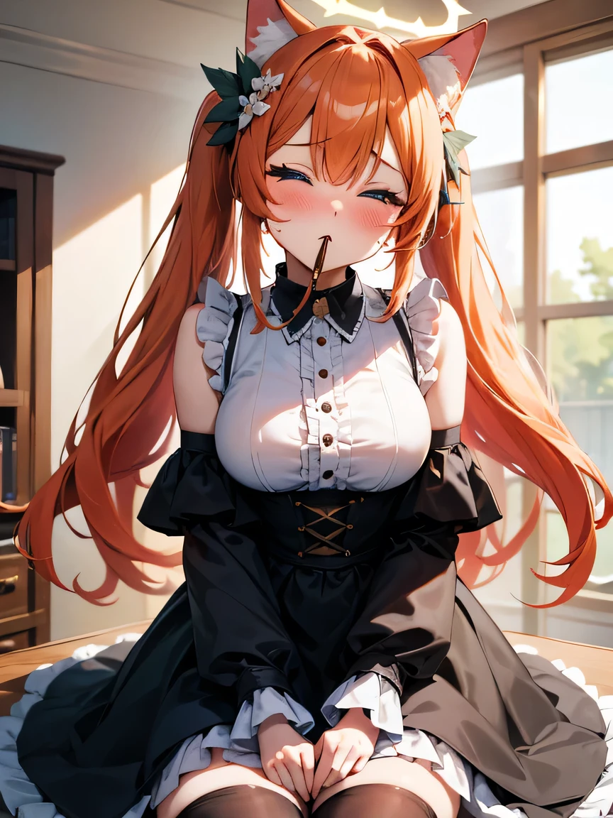 (anime,8k,masterpiece, top quality, best quality,beautiful and aesthetic:1.2,professional illustrasion:1.1,ultra detail:1.3,perfect lighting), extremely detailed, highest detailed, incredibly absurdres, highres, ultra detailed, intricate:1.5,1girl,shy,steam,sweat,shy,bitch,sexual climax,orgasm face, nsfw,indoors, 1girl, solo, looking at viewer, blush, very long hair,pov,,wave hair, twintails, very long hair, cat ears, mari (blue archive), orange hair, blue eyes, flower, halo,idol,idol clothes,dress,collared dress,,black dress,frills,idol costume,jirai kei attire, jirai kei, black thighhighs, close-up, closed eyes,ncoming drink incoming food incoming pocky kiss