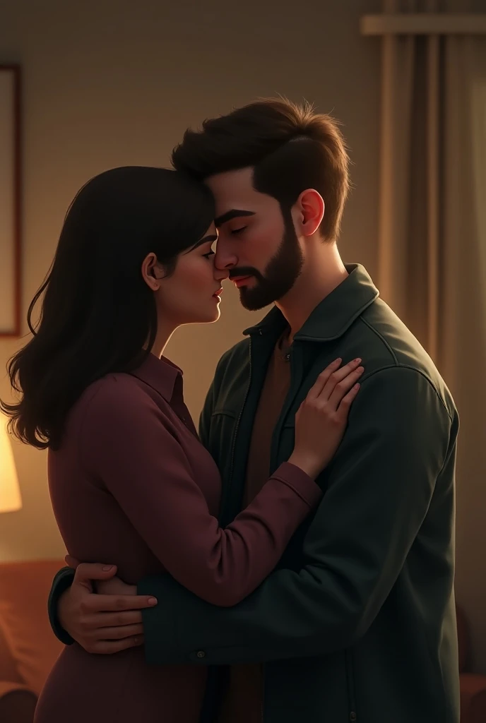 2 Men and woman in bedroom with bed, Kiss of a man and a woman, carries a woman on her shoulder, brunette dressed in a short dress, T-shirt and pants, T-shirt and summer pants, modern bedroom, big bed, Flower pots, Floor flowers, Large window overlooking the city, the night, Lights, soft light, The light of the moon in the window, higly detailed, Beautiful bodies, Clear image, Commercial illustration with high detail, cover illustration, commission for high res, in style of digital illustration, Close the scene, romance novel cover, cover illustration, background illustration, Figure 8 K, realistic art style, professional illustration, art cover, Stylized works of urban fantasy, official illustration, digital illustration -
