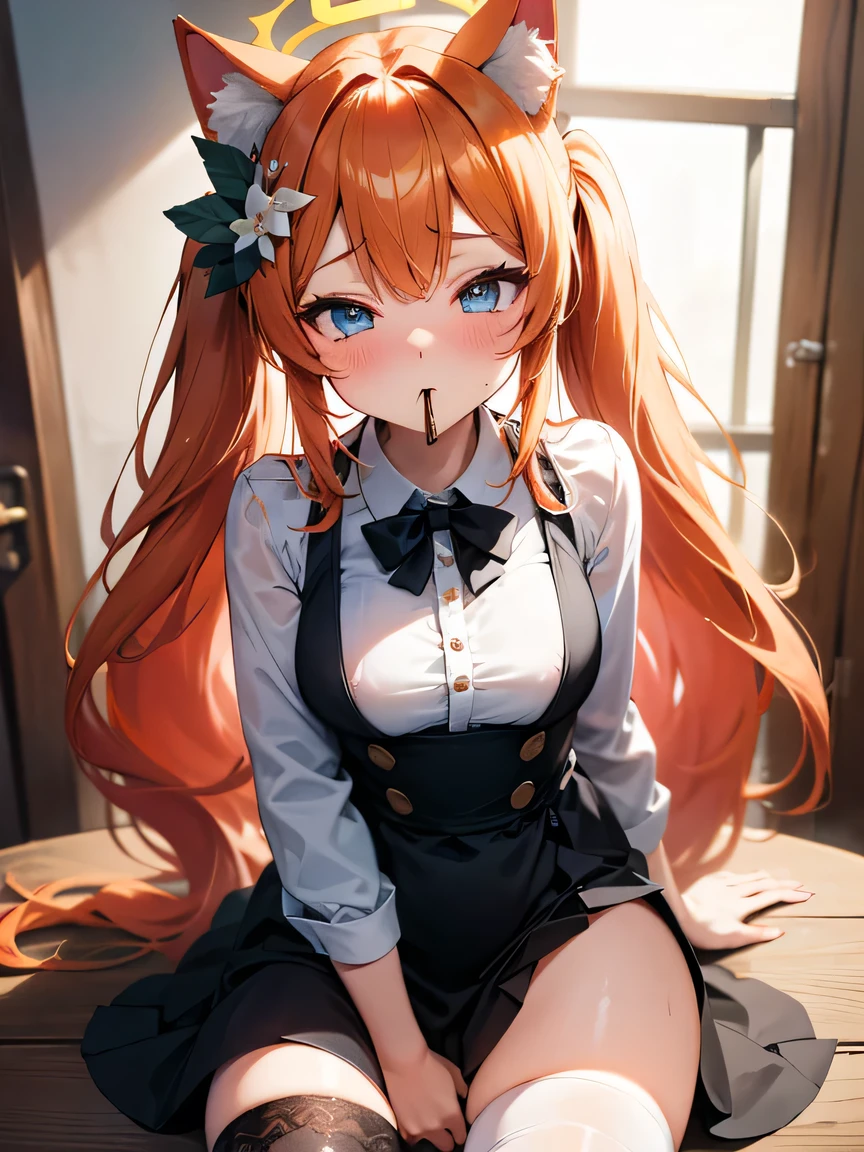 (anime,8k,masterpiece, top quality, best quality,beautiful and aesthetic:1.2,professional illustrasion:1.1,ultra detail:1.3,perfect lighting), extremely detailed, highest detailed, incredibly absurdres, highres, ultra detailed, intricate:1.5,1girl,shy,steam,sweat,shy,bitch,sexual climax,orgasm face, nsfw,indoors, 1girl, solo, looking at viewer, blush, very long hair,pov,,wave hair, twintails, very long hair, cat ears, mari (blue archive), orange hair, blue eyes, flower, halo,idol,idol clothes,dress,collared dress,,black dress,frills,idol costume,jirai kei attire, jirai kei, black thighhighs, close-up, closed eyes,ncoming drink incoming food incoming pocky kiss