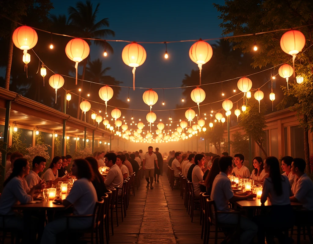  Lots of lanterns are displayed overhead, The gentle light of the lanterns , Lots of tables ,  Lots of couples and parents and ren ,  enjoying food and drink ,  happy expression, Dark Night:1.3