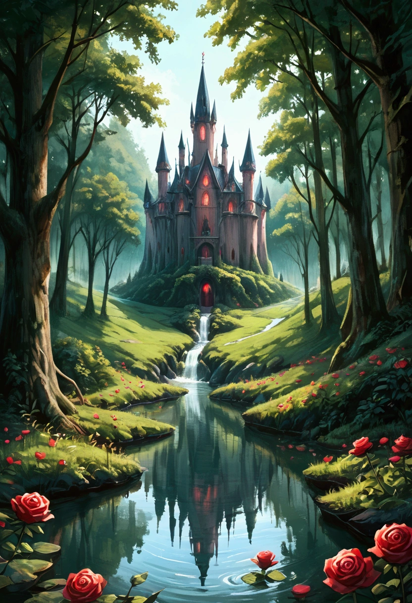 score_9, score_8_up, score_7 there are rose shaped lanterns floating in a stream of water, they shed dark red light, reflected in the river, the stream travels through a dark and gloomy forest, there is haunted castle near the river, a beautiful paladin watches near the river,  highres, best quality, high details, 16K, ultra detailed, masterpiece, best quality,