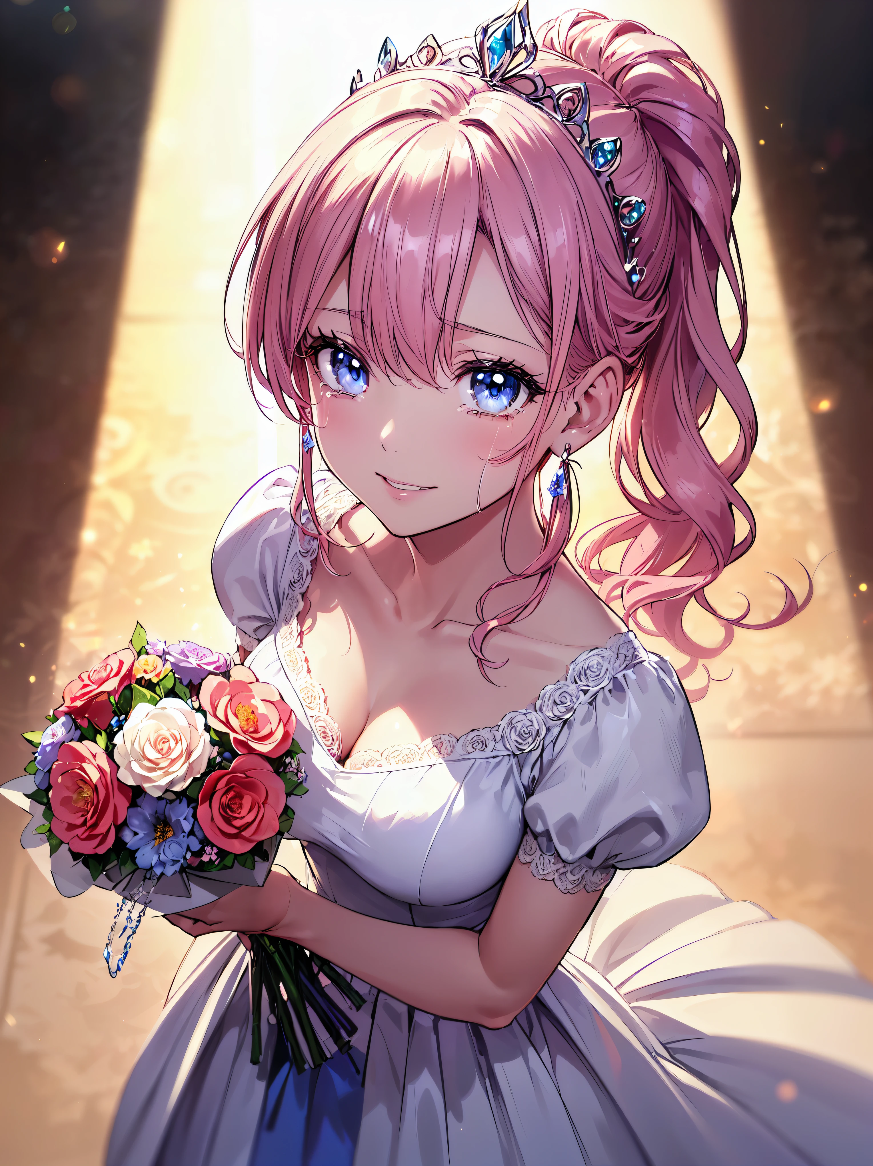 (((ultra detailed, highest quality, high resolution))), (((rococo victorian gown with volume and expanse pleated hoop skirt))), ((delicate lace, transparent satin fabric)), huge Breasts, breast focus, super detailed skin, (((solo young face princess))), 
BREAK 
(hair pink hair), (((fluffy long ponytail))), shiny hair, curly hair, asymmetry bangs, pretty jeweled tiara, crystal earrings, beautiful eyes, faint lips, delicate and beautiful face, ((beautiful happy smile and crying)), KAWAII face, 
BREAK 
(((looking at viewer, from above, front view))), (holding a bouquet of flower:1.7), cowboy shot, beautiful and shiny marble floor, highly reflective floor, (backlighting:1.5), (depth of field, face focus), caustics, (floral background:1.5), (moe anime art style:1.3), ((soft focus:1.5)), (soft edge:1.5), (lens flare:1.3), (particle effect:1.2),