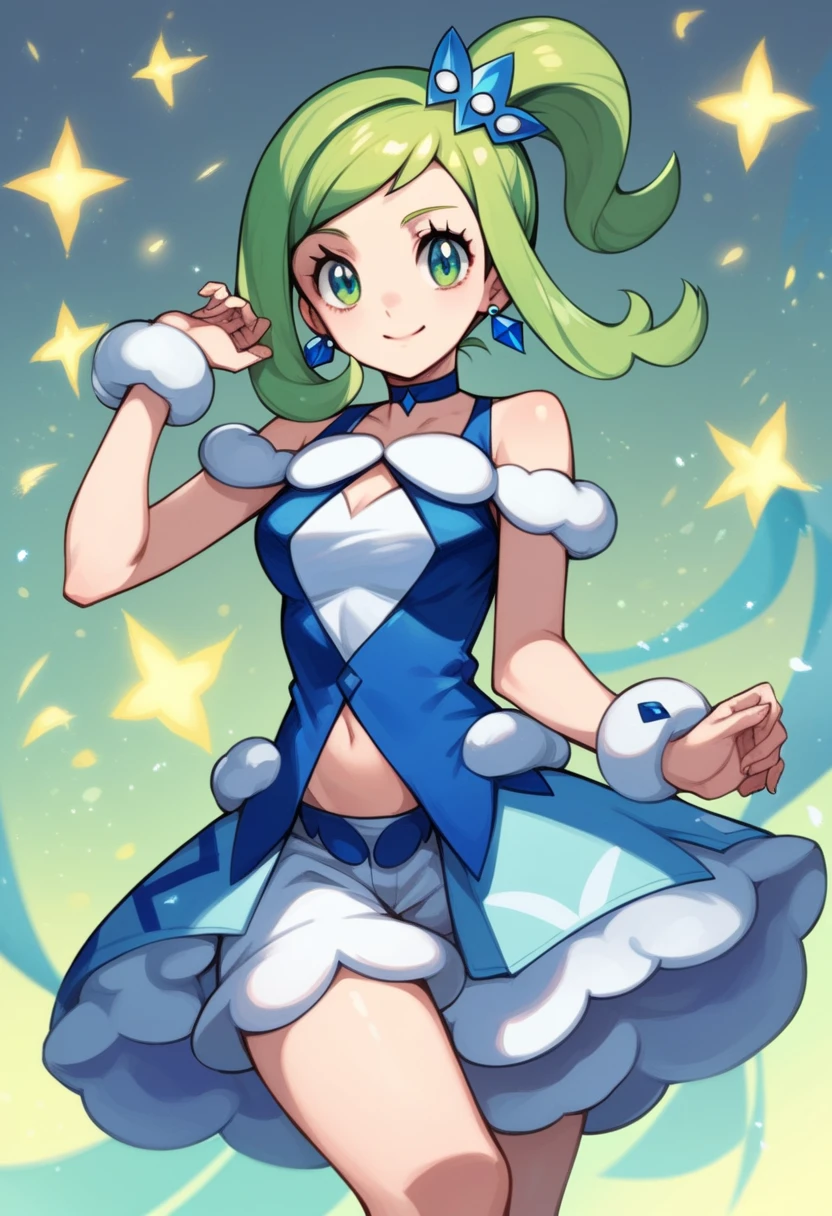 score_9, score_8_up, score_7_up, source anime,1girl,solo,lisia \(pokemon\),green eyes,green hair,bare shoulders,dress,earrings,hair ornament,jewelry,navel,shorts,showgirl skirt,single thighhigh,choker,looking at viewer,smile